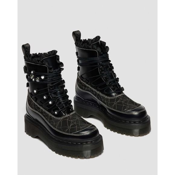 Dr. Martens Shoes - NEW Dr. Martens Jadon Frill Black Leather Platform Boots Hearts Stars Beads 9 US